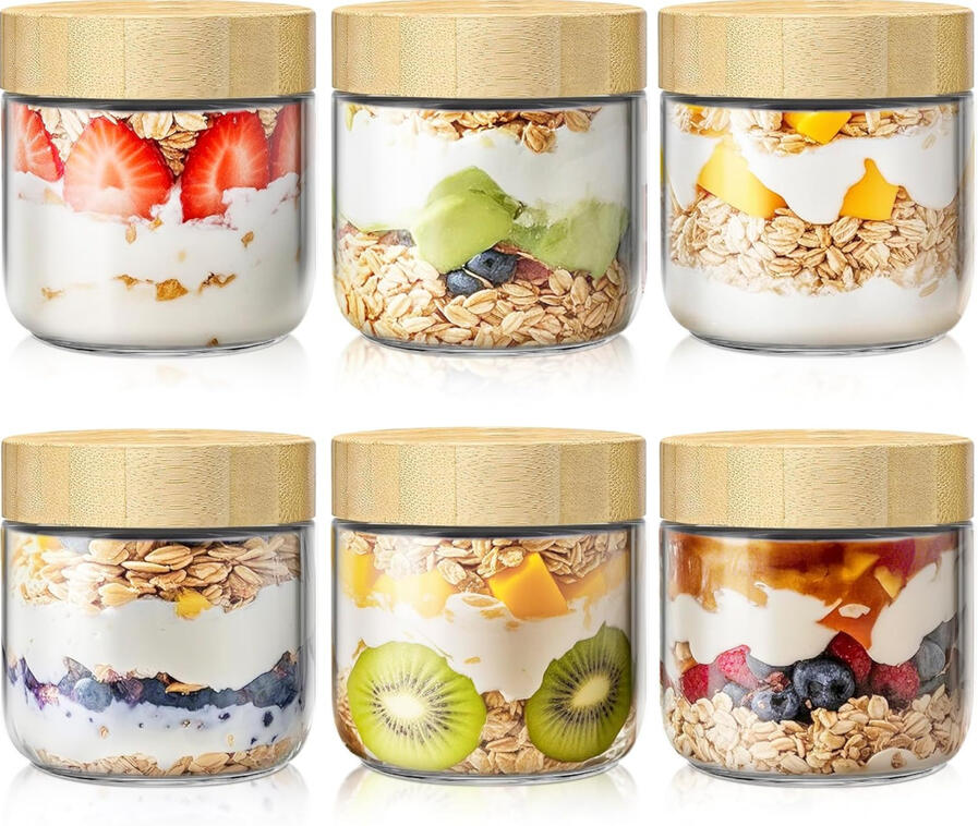 glass overnight oats jars with bamboo lids